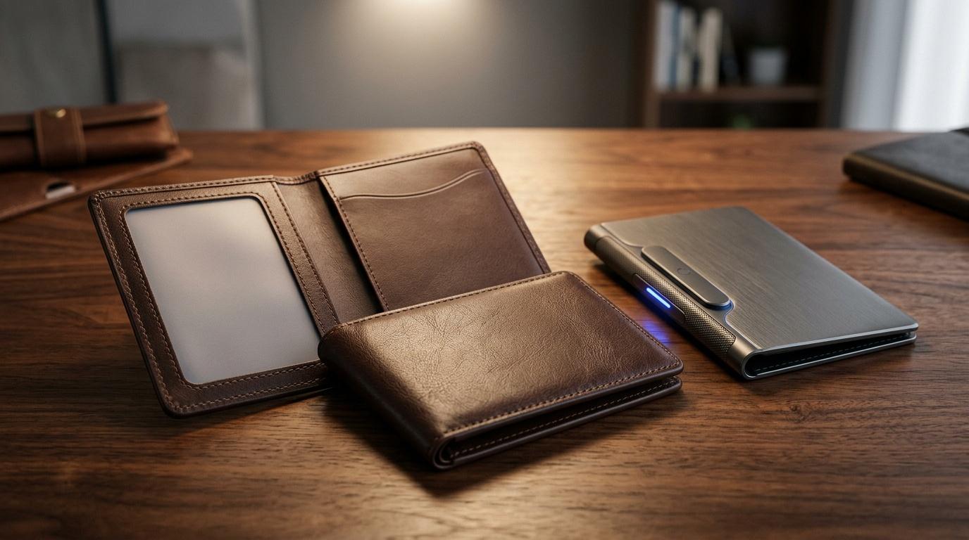 Portefeuille cuir ouvert, carnet noir et stylo sur bureau bois