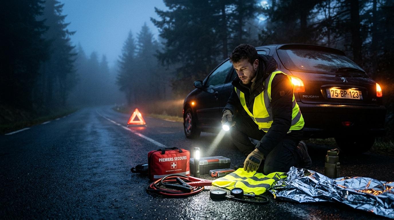 Homme en gilet jaune inspectant voiture la nuit en forêt