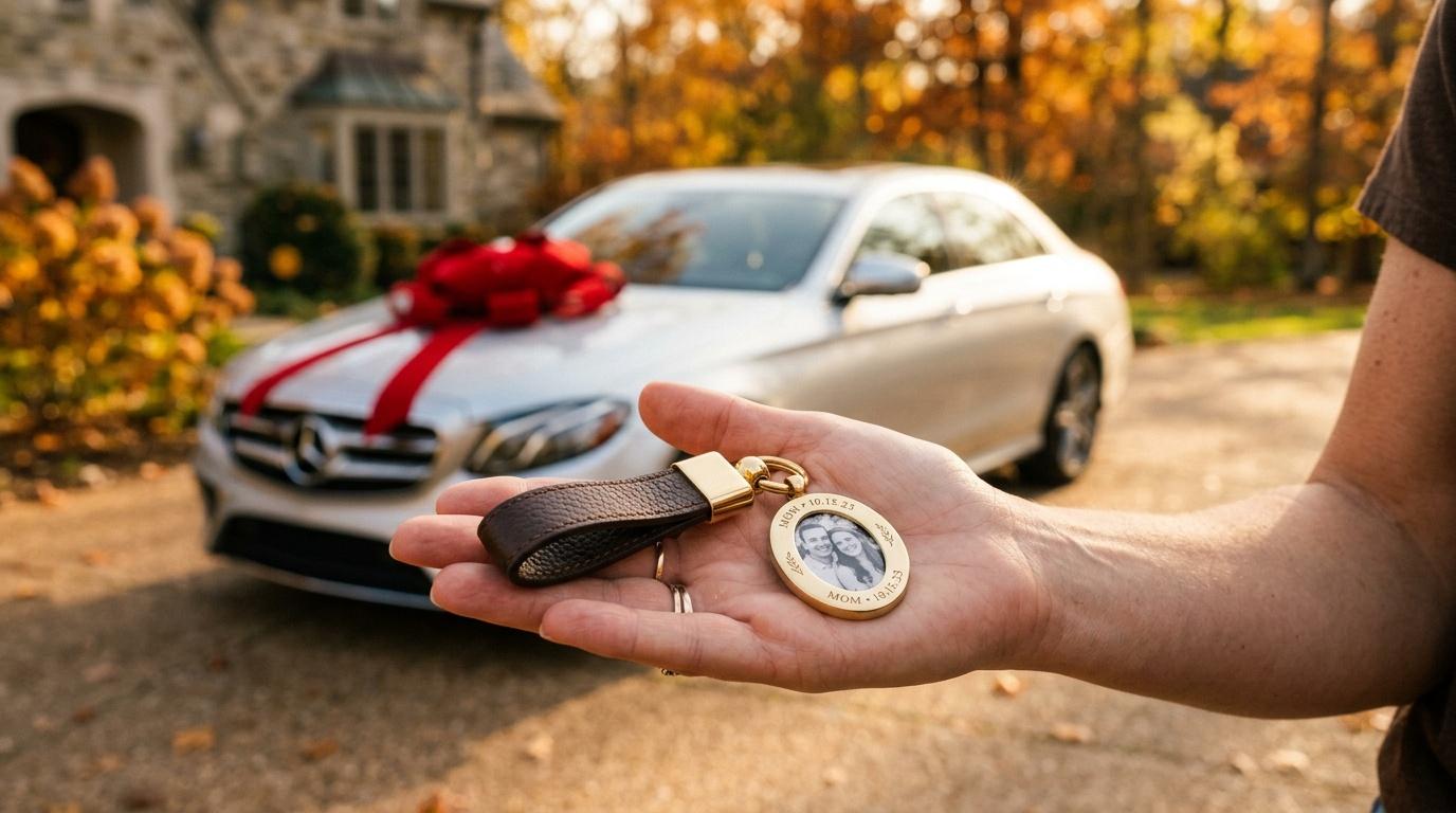 Main tenant porte-cl&eacute;s devant voiture blanche d&eacute;cor&eacute;e ruban rouge