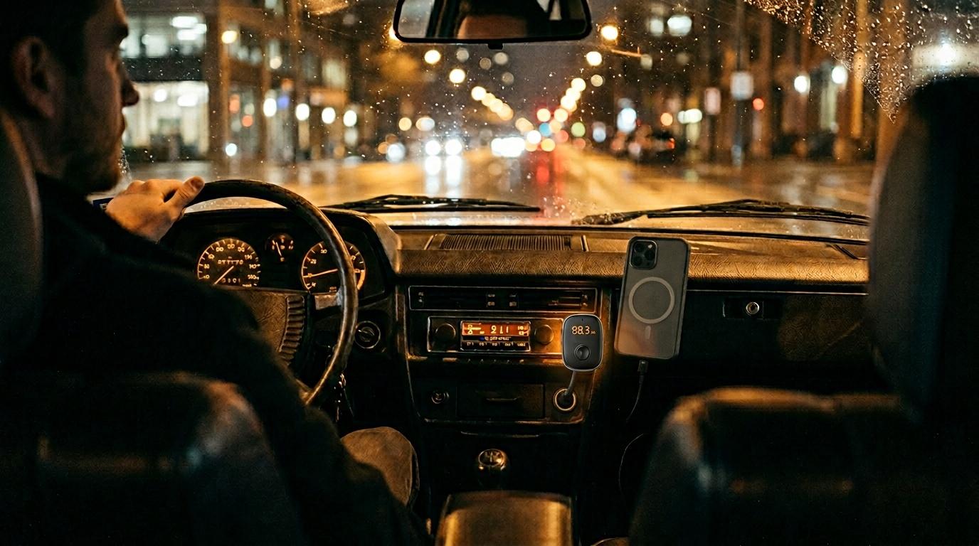 Conducteur au volant d'une voiture la nuit sous la pluie
