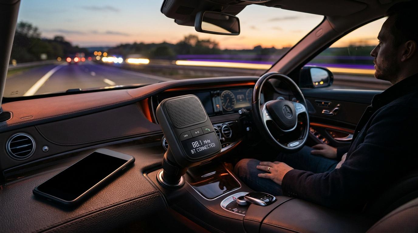 Int&eacute;rieur de voiture de luxe en conduite nocturne autoroute