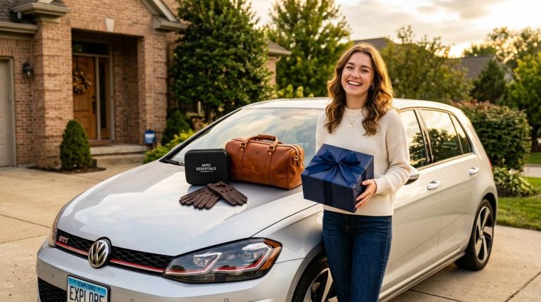 Femme souriante tenant un cadeau bleu près d'une voiture blanche