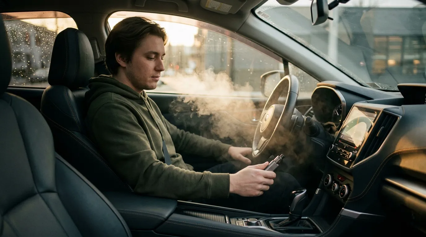 Homme fumant une cigarette au volant de sa voiture