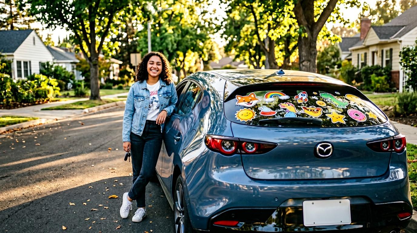 Femme souriante posant contre une voiture bleue d&eacute;cor&eacute;e