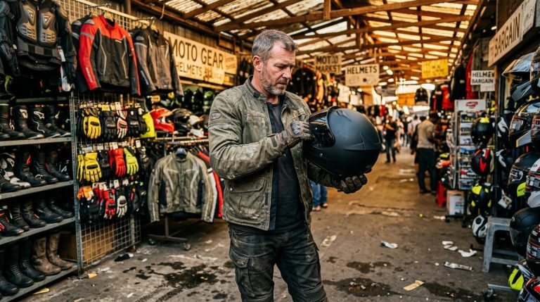 Homme en tenue motard examine un casque noir au marché