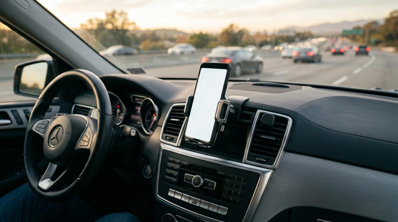 T&eacute;l&eacute;phone sur tableau de bord, embouteillage autoroute