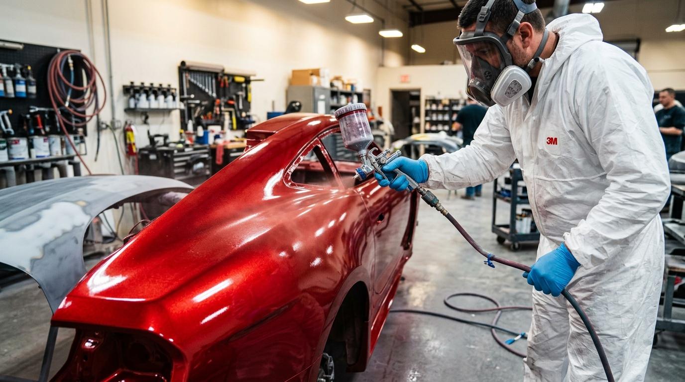 Peintre pulvérise peinture rouge sur carrosserie automobile