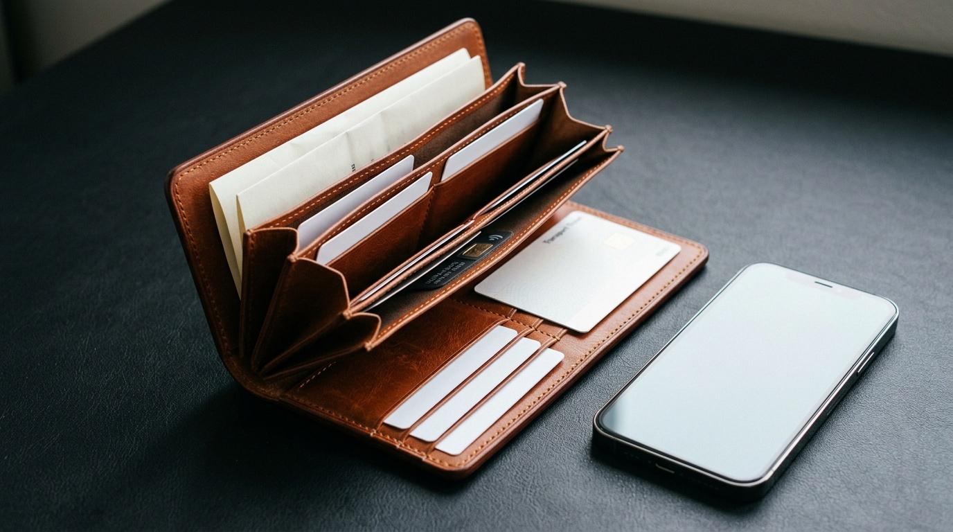 Portefeuille marron ouvert contenant cartes et téléphone blanc