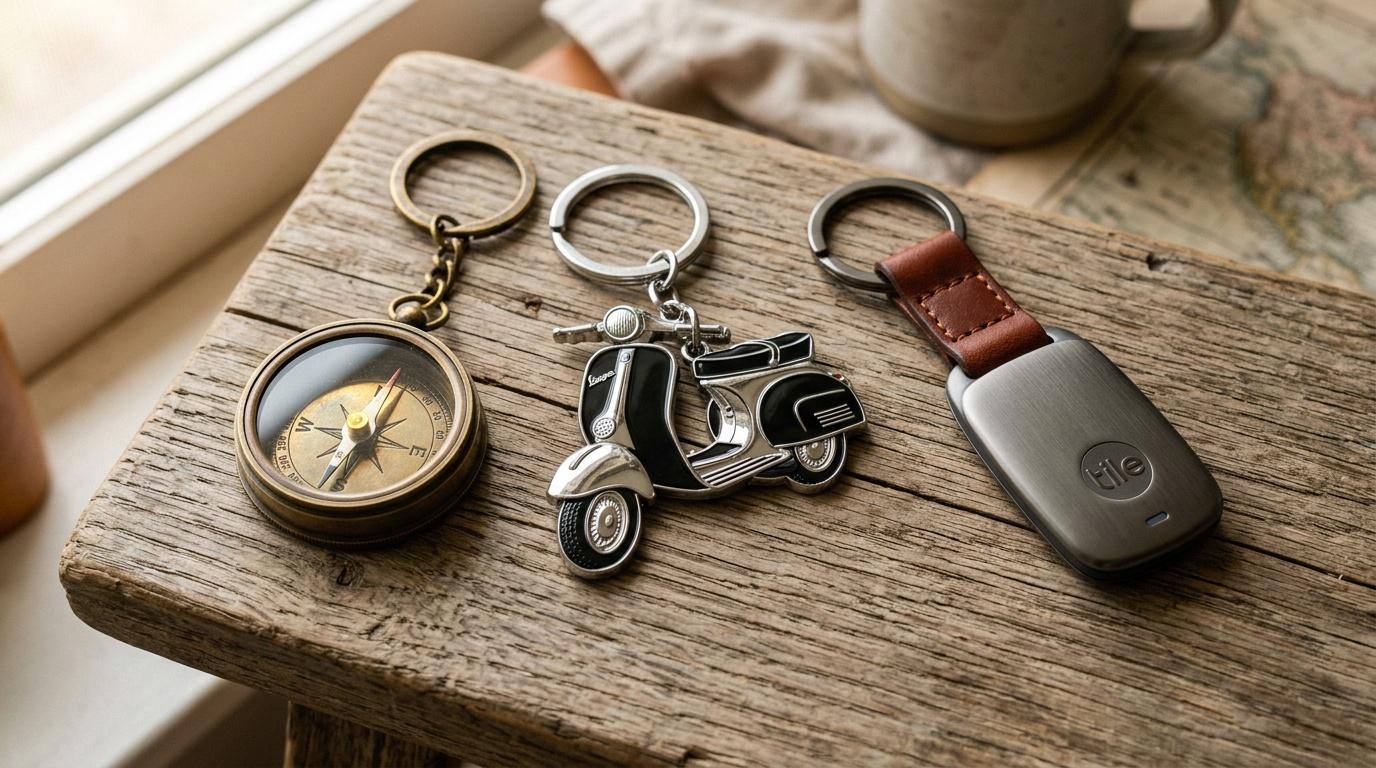 Porte-clés avec boussole, scooter et étui cuir sur plateau bois