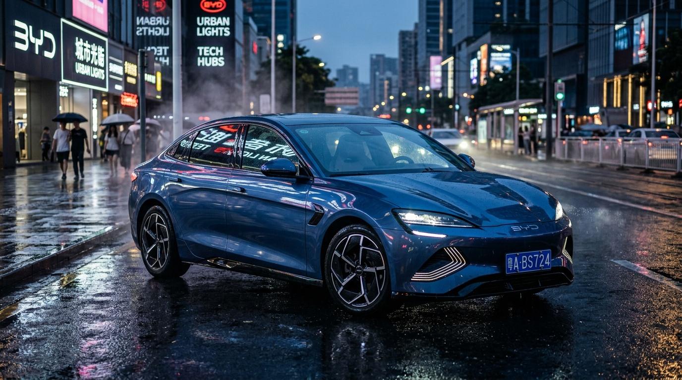 Sedan électrique bleu BYD dans rue urbaine illuminée la nuit
