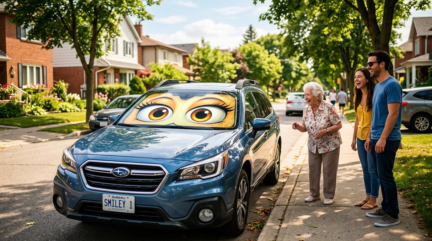 Subaru bleue avec pare-soleil souriant dans une rue résidentielle
