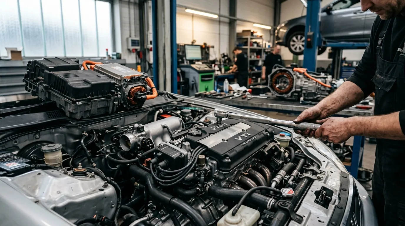 Mécanicien travaille sur moteur électrique en atelier automobile