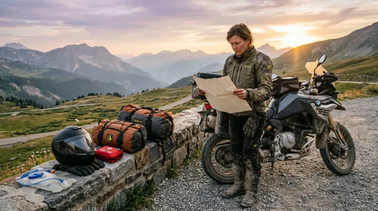 Motocycliste consulte une carte en montagne alpine