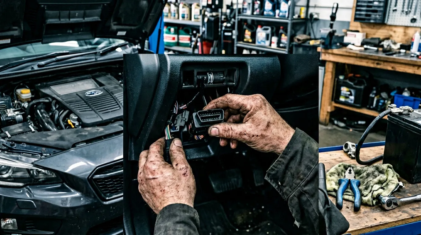 Mécanicien utilisant un scanner de diagnostic sur connecteur OBD automobile