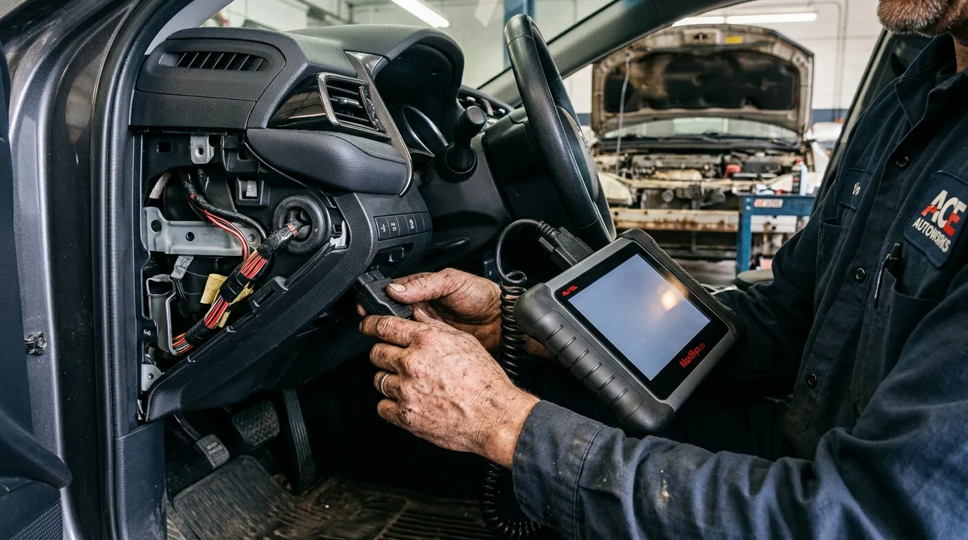Mécanicien utilisant scanner diagnostic sur tableau bord voiture