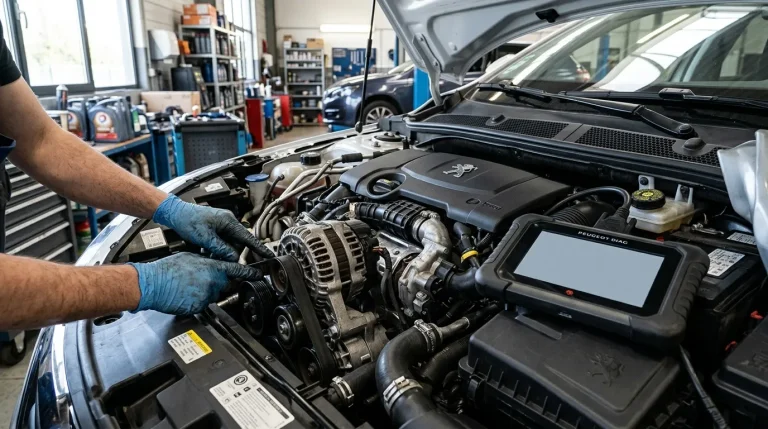 Mécanicien examine moteur Peugeot avec outil diagnostic