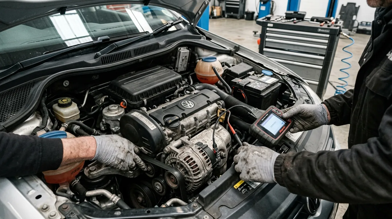 Mécanicien utilisant scanner diagnostic sur moteur Volkswagen