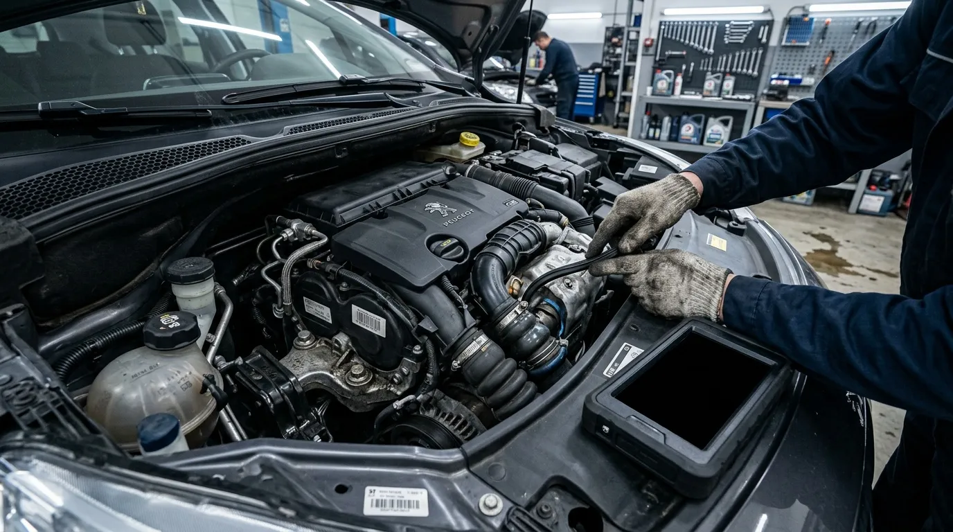 Mécanicien inspectant le moteur d'une voiture avec outil diagnostic
