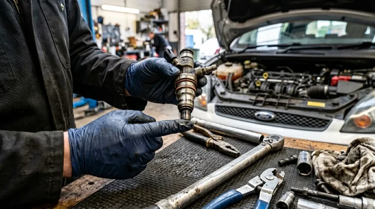 Mécanicien examine injecteur moteur en atelier automobile professionnel