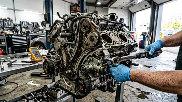 Mécanicien tenant un moteur désassemblé en atelier