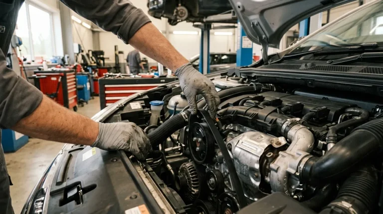 Technicien en gants travaille sur moteur de voiture en atelier