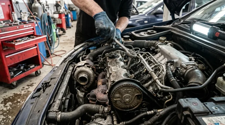 Mécanicien en gants noirs répare moteur dans atelier automobile.
