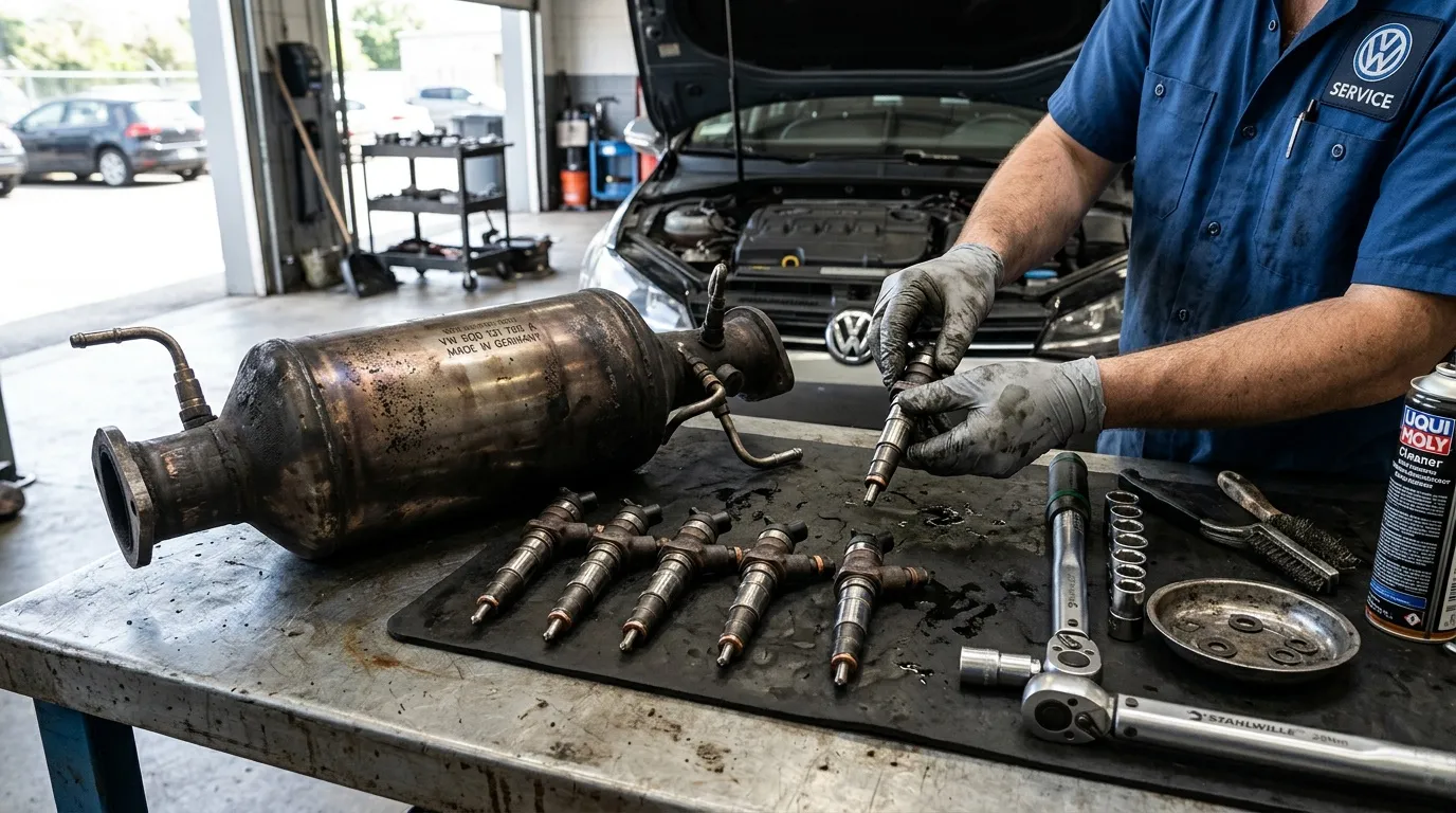 Mécanicien VW démontage catalyseur composants moteur