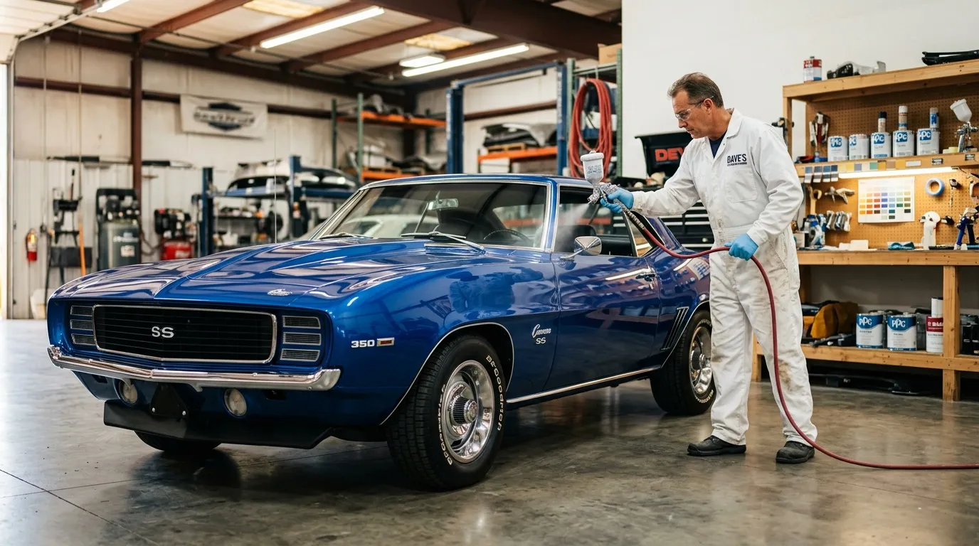 Mécanicien en combinaison blanche peinturant une Camaro SS bleue