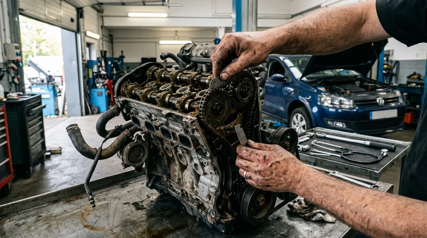 Mécanicien inspectant un moteur démontré dans un garage professionnel