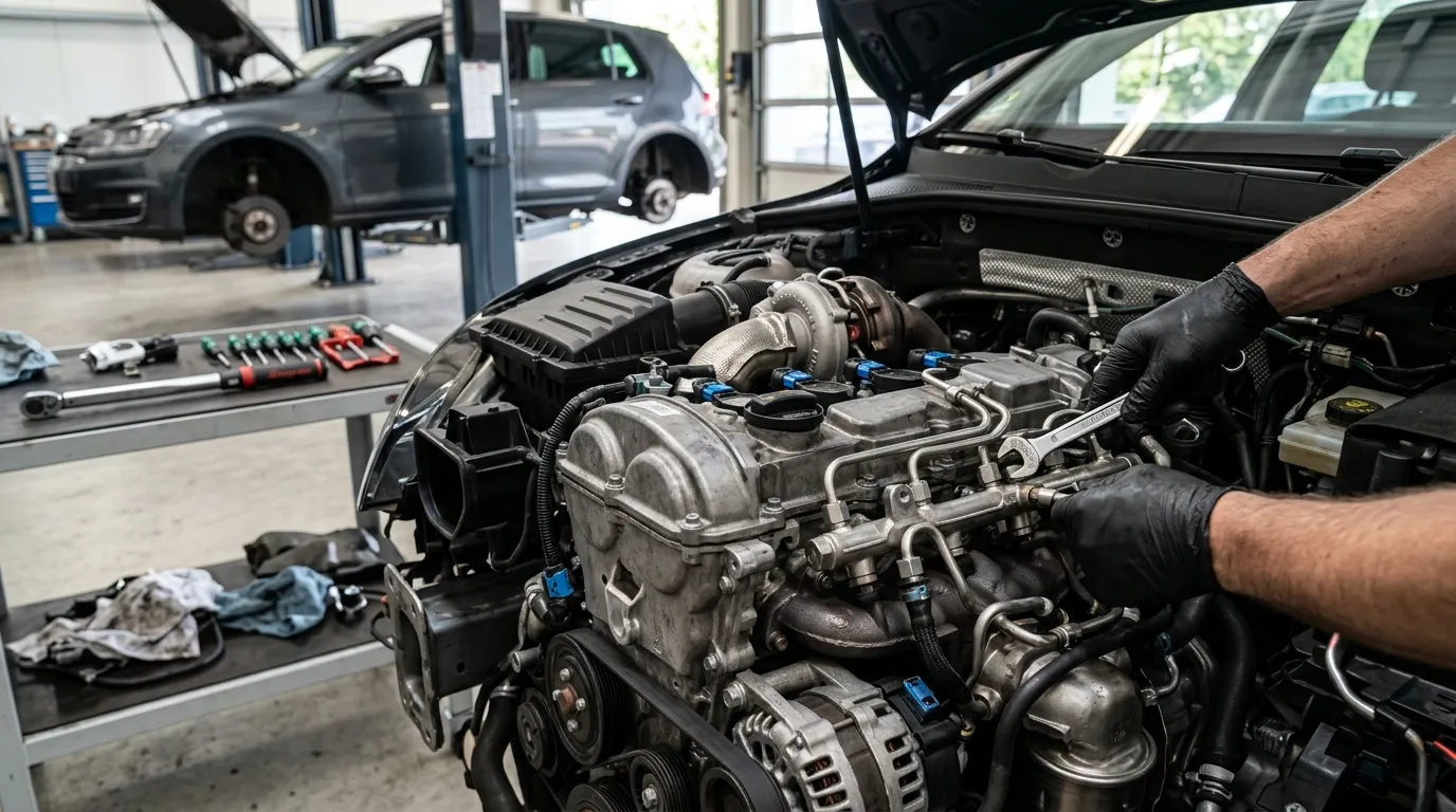 Mécanicien travaille sur moteur démontéd'une voiture
