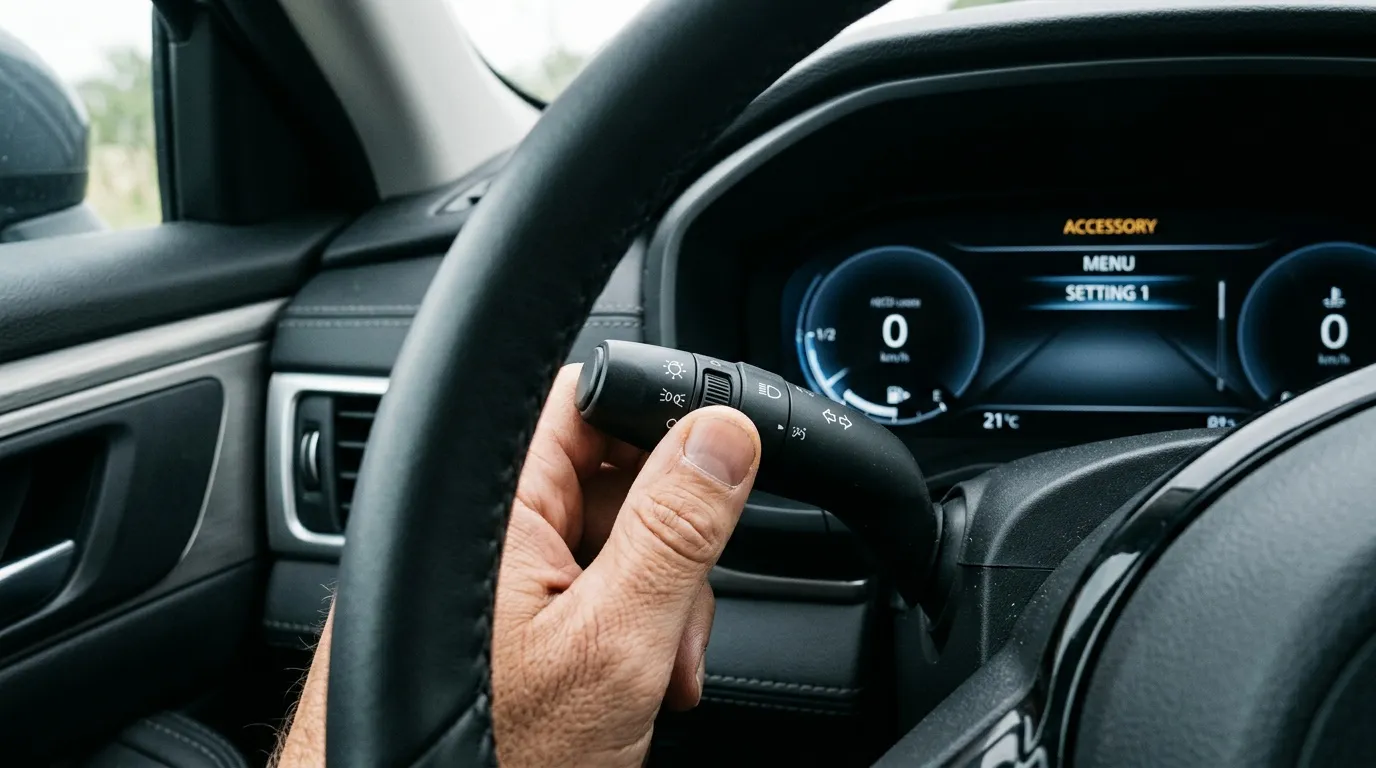 Main tenant une commande de clignotant au volant d'une voiture