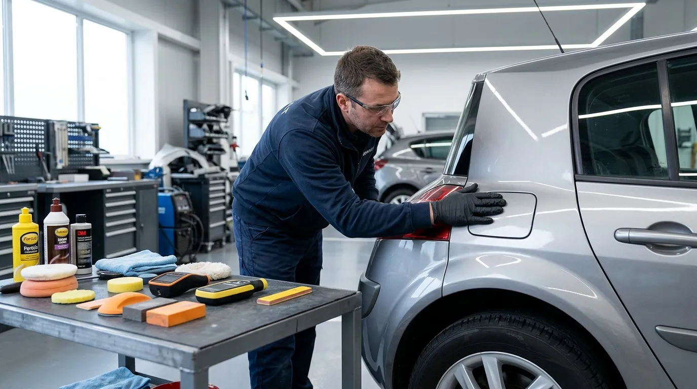 Technicien applique produit détaillage sur voiture
