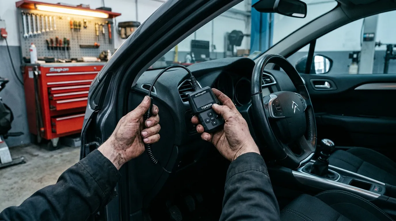 M&eacute;canicien utilisant un scanner OBD dans un atelier automobile