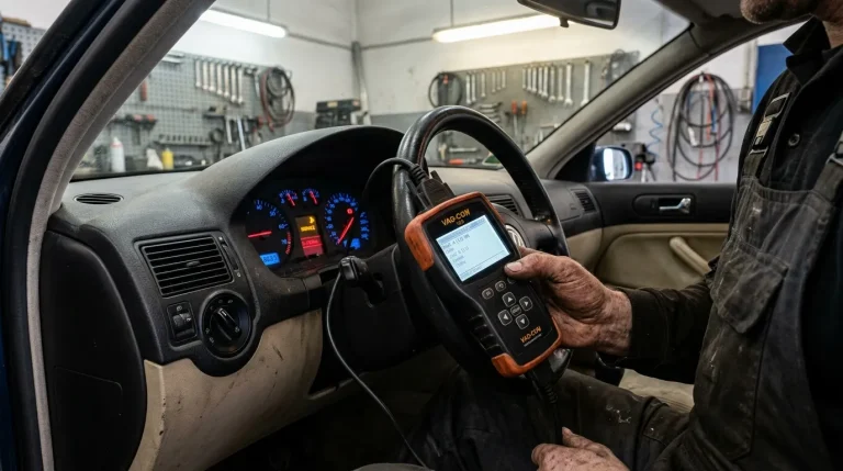Mécanicien utilisant un outil de diagnostic dans un garage