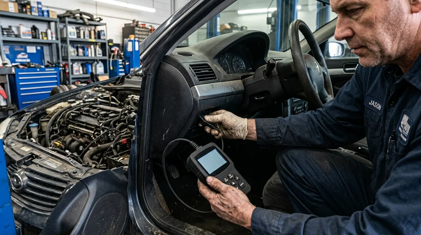 Mécanicien utilisant un scanner de diagnostic dans un atelier automobile.