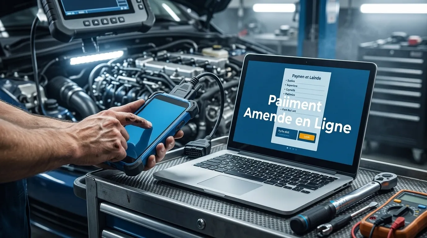 M&eacute;canicien utilisant scanner et laptop pour diagnostic moteur