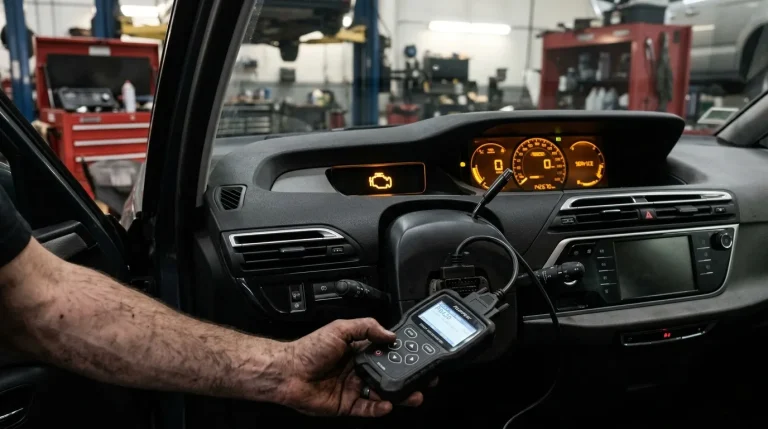 Mécanicien utilisant scanner diagnostic dans voiture