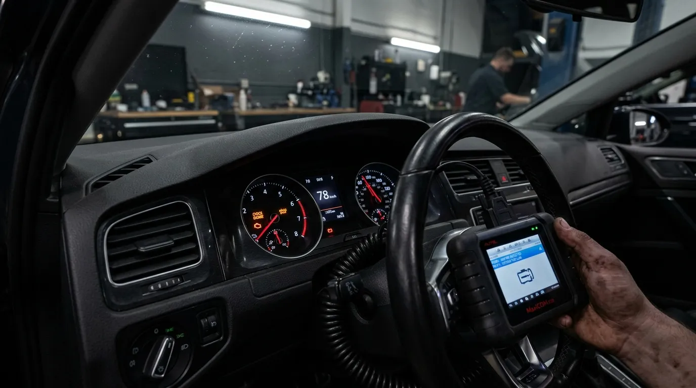 Technicien utilisant scanner diagnostic sur tableau de bord voiture