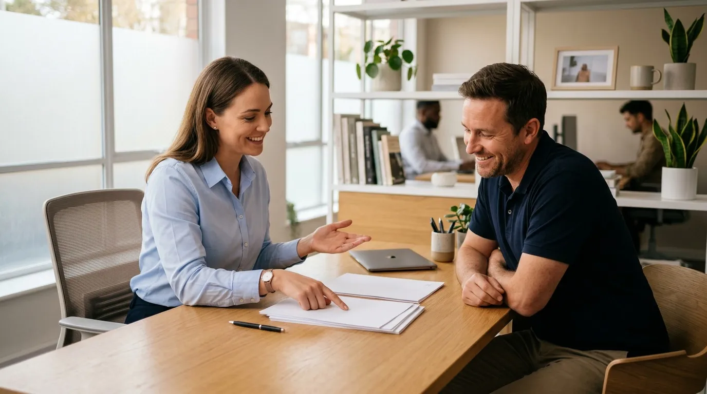Deux professionnels en discussion à une table de travail