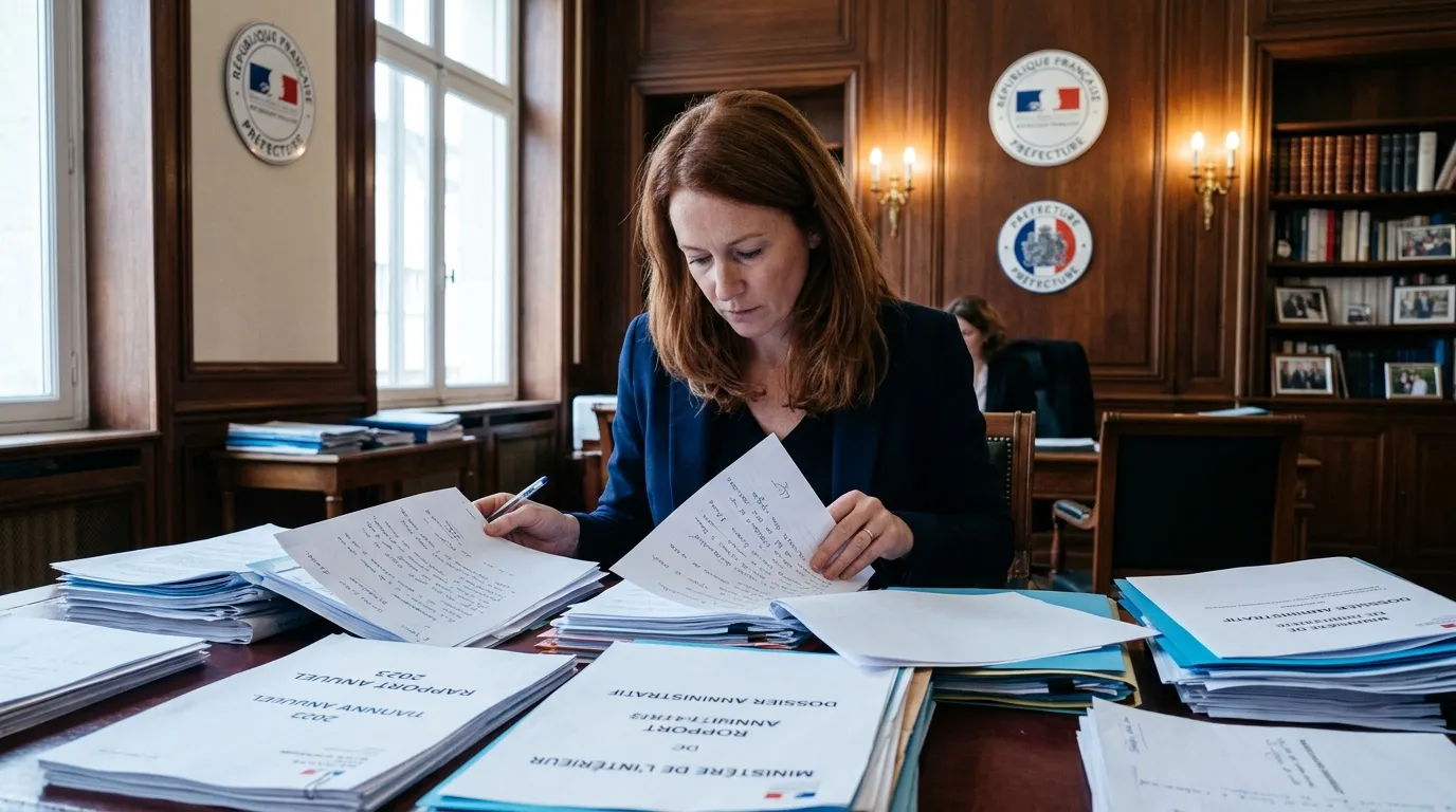 Femme en blazer bleu consultant documents administratifs dans un bureau officiel
