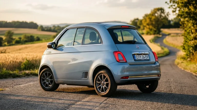 Voiture électrique bleue Fiat 500e sur route rurale