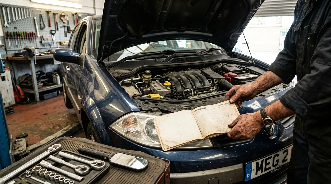 Mécanicien tenant un manuel dans un atelier automobile