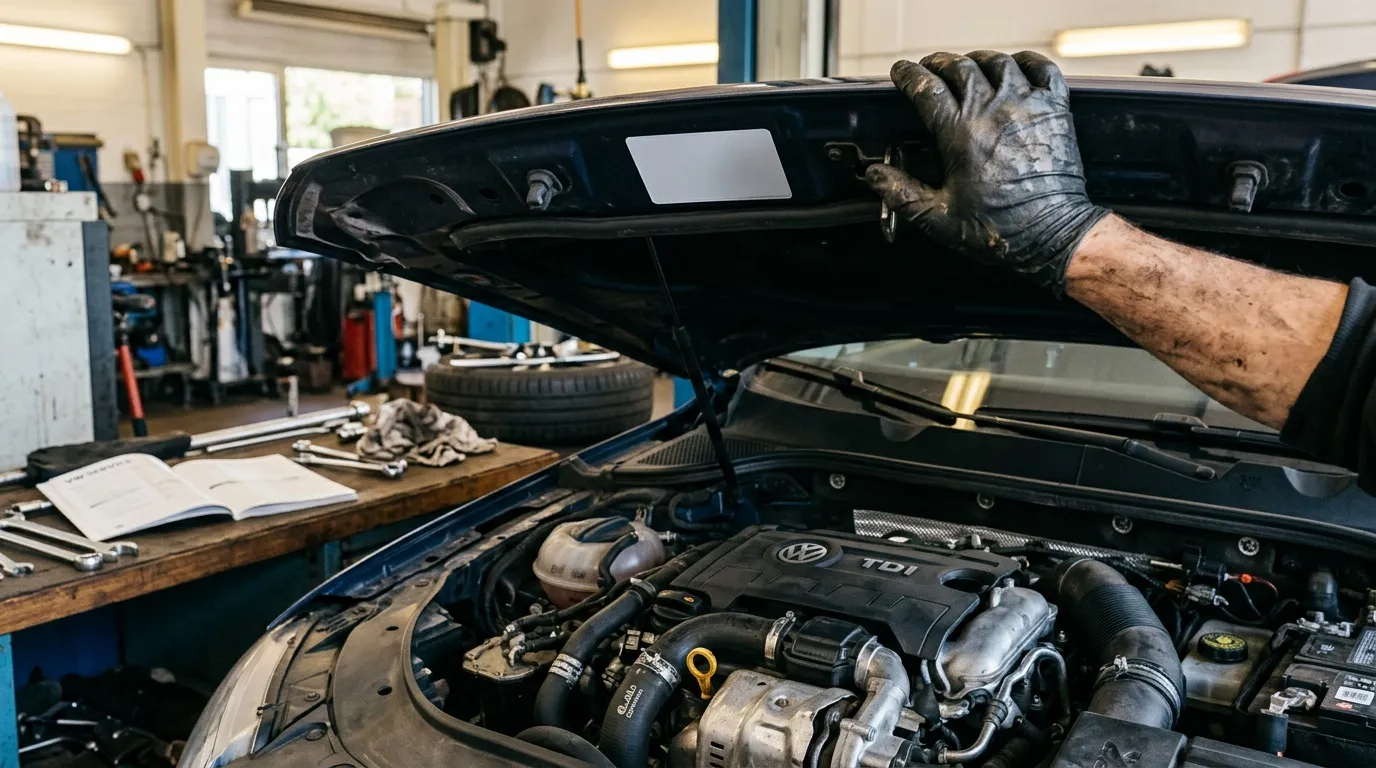 Mécanicien en gants noirs vérifie le moteur TDI Volkswagen