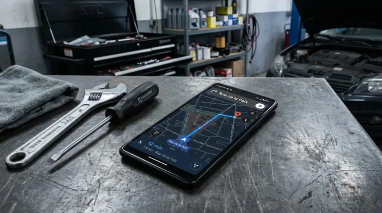 Téléphone avec GPS sur établi d'atelier mécanique