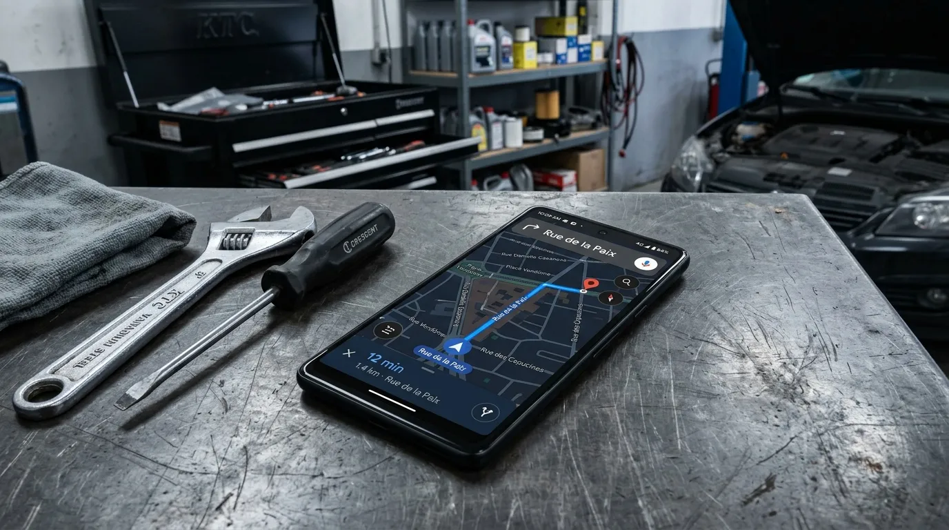 Téléphone avec GPS sur établi d'atelier mécanique