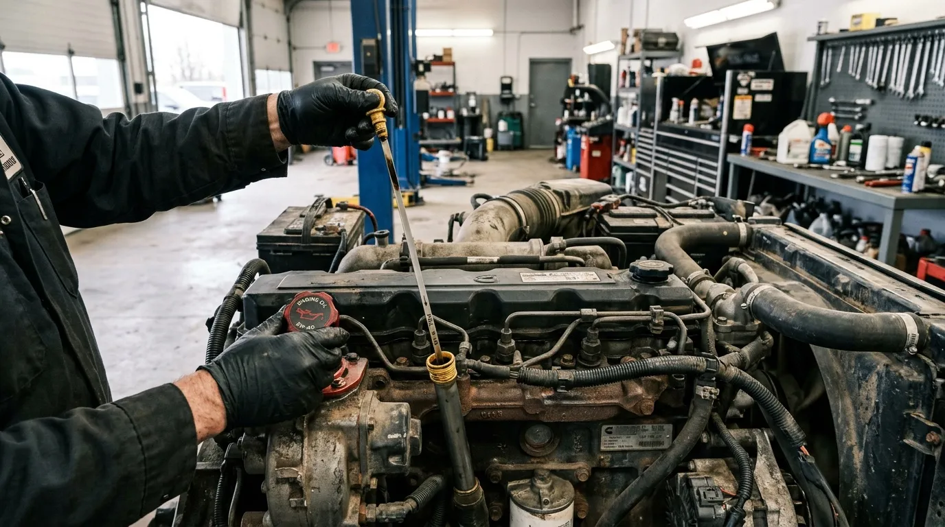 Mécanicien vérifie l'huile moteur d'un moteur diesel