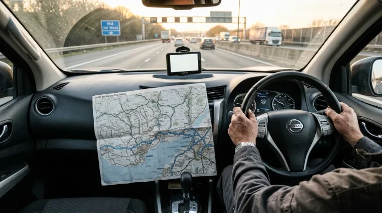 Homme tenant une carte routière sur autoroute en conduisant