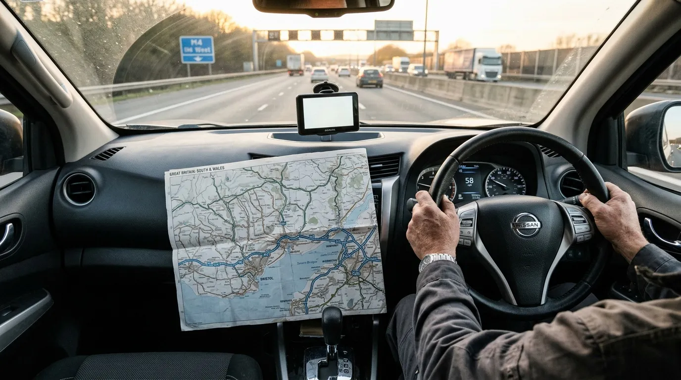 Homme tenant une carte routière sur autoroute en conduisant
