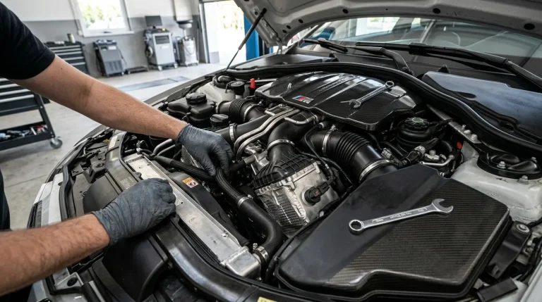 Mécanicien examine le moteur d'une BMW en atelier