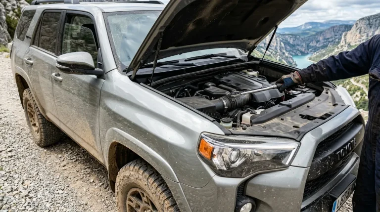 Toyota 4x4 ouvert avec moteur visible en montagne alpine